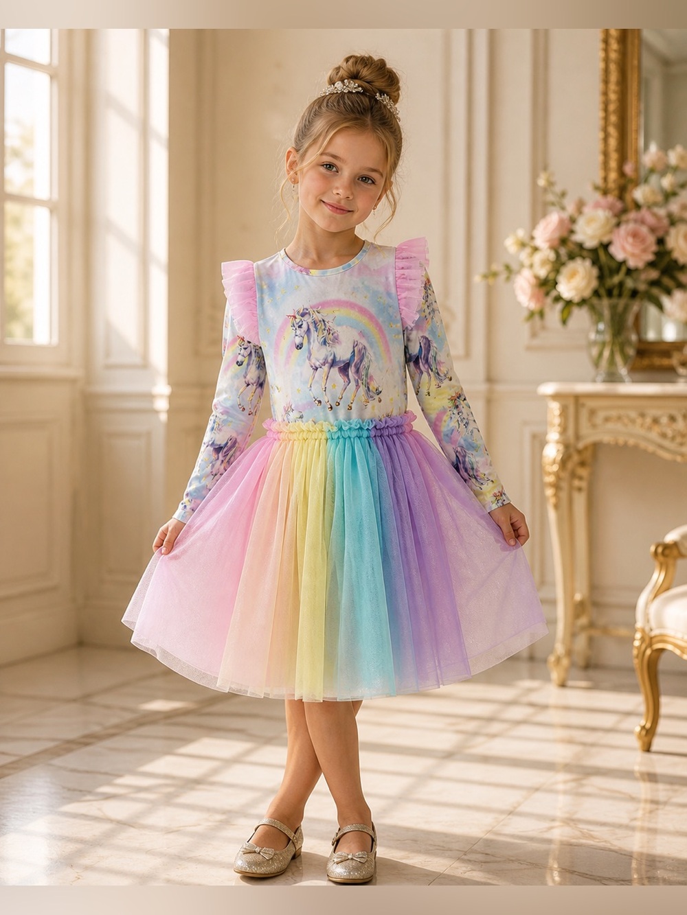 Rock Your Kid Unicorn Rainbow Tulle Dress Size 10Long Sleeve